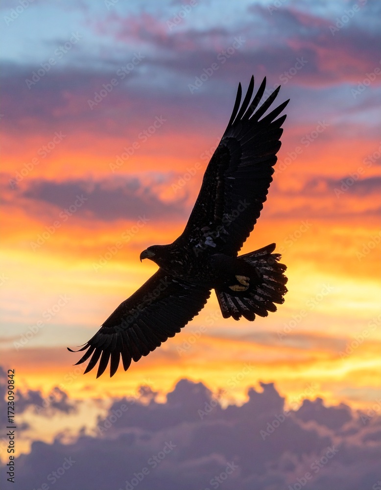 Obraz premium Majestic Eagle Soaring Against a Vibrant Sunset Sky A Stunning Display of Nature's Beauty