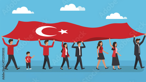 Family and Friends Walking Together Carrying Waving Turkish Flag
