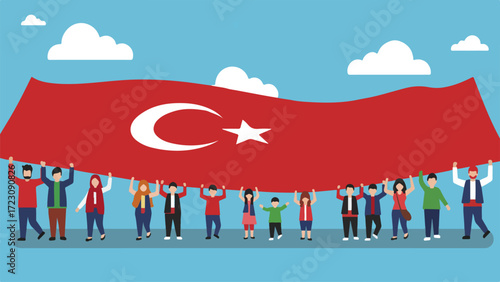 Diverse Group of People Holding Large Turkish Flag in Celebration

