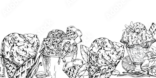 Gelato scoops in waffle cone, paper cup, glass sundae bowl with vanilla flower pods, orange slices, chocolate syrup, mint leaves. graphic seamless banner border illustration hand drawn in vector ink.