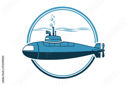 Blue submarine submerged in water, depicted within a circular frame