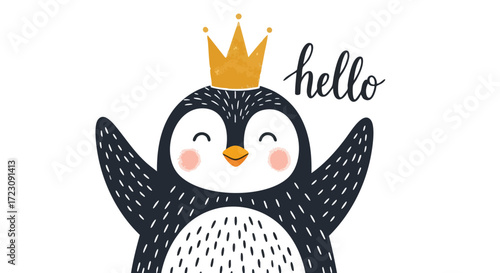 Adorable penguin with a crown saying hello, perfect for children's books, nursery decor, and invitations with a touch of playful elegance