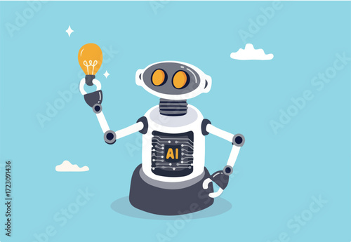 AI artificial intelligence technology to think and advice new idea, machine learning chatbot to support and help, innovation or automation, smart robot with AI chip thinking about new lightbulb idea
