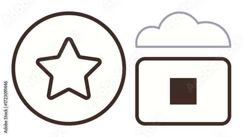 Star enclosed in a circle next to a cloud and square box, symbolizing excellence, digital storage, and organization. Ideal for tech, goals, creativity, innovation progress business. Simple flat