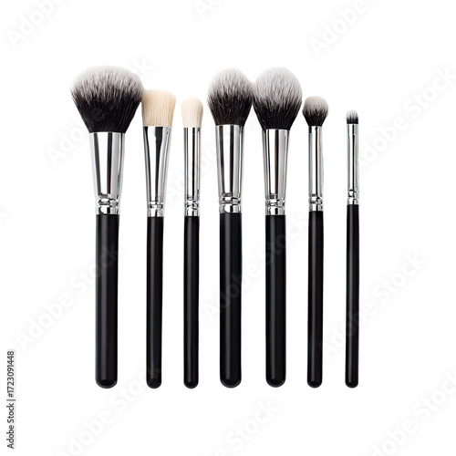 Seven makeup brushes with black handles and gray/white heads