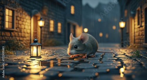 Fototapeta Naklejka Na Ścianę i Meble -  A Tiny Mouse Explores a Cobblestone Street at Dusk Lit by Lanterns.