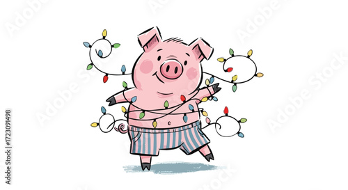 Adorable piglet tangled in festive Christmas lights wearing striped shorts, perfect for holiday cards and seasonal promotions, cheerful and whimsical