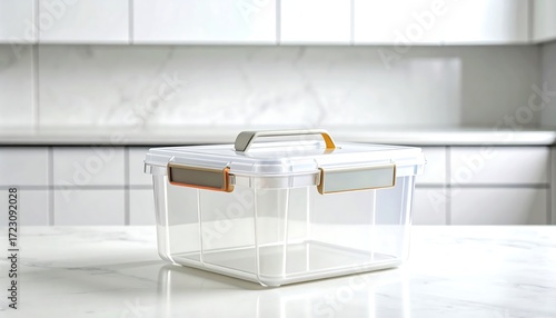Clear plastic storage box on marble countertop
