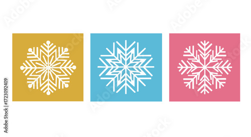 Captivating snowflake designs in vibrant yellow, blue, and pink squares offer a modern wintery aesthetic for festive projects
