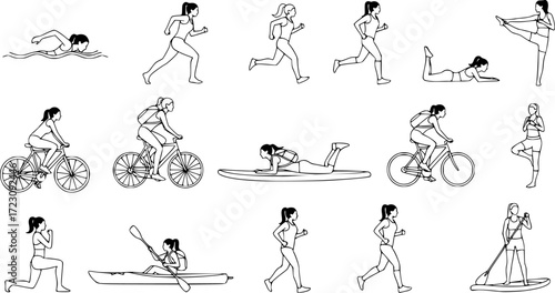 Outdoor training sport activities. Female linear silhouette. Woman swimming, trekking, running, cycling, doing yoga, hiking, kayaking, stand up paddle boarding. EPS version.