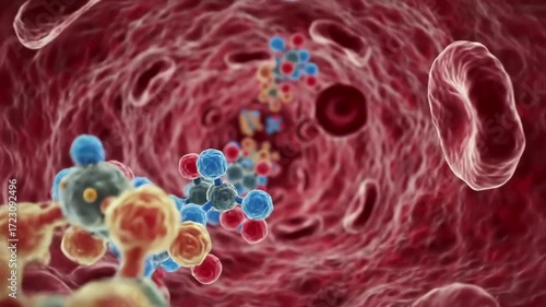 Animated journey inside a human blood vessel showing red blood cells flowing alongside glucose and cholesterol molecules representing high blood sugar and hyperlipidemia.