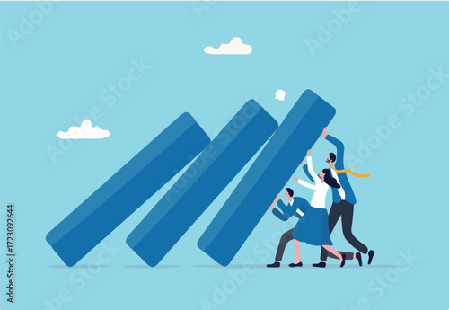 Teamwork to solve problem, team effort help stop crisis, responsibility to stop failure, support or trustworthy or courage to success concept, business people colleagues help stop domino falling.
