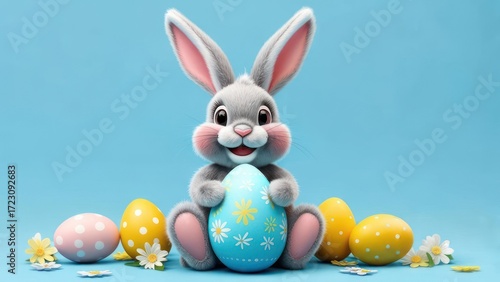 Adorable Easter bunny cradles a decorated egg surrounded by festive painted eggs and delicate spring flowers on a vibrant blue background, perfect for holiday celebrations.