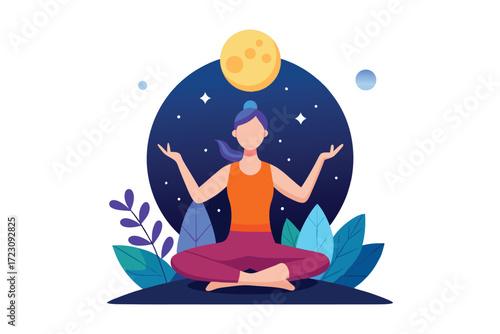 Woman Meditating Outdoors Beneath Full Moon in a Night Sky