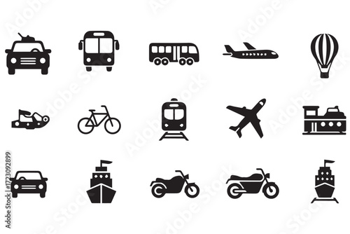 Collection of diverse transportation icons including cars, buses, trains, planes, and boats