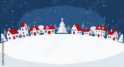 Charming winter village scene with snowy houses and a Christmas tree under falling snow creates a magical holiday atmosphere perfect for greetings