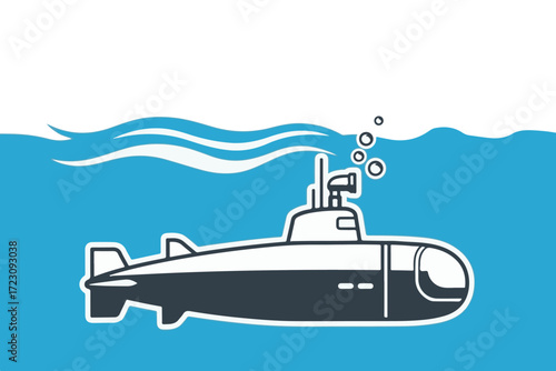 Illustration of a submarine submerged in blue water with bubbles rising to the surface