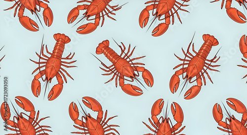 Vibrant red lobster pattern on a light blue background adding a touch of nautical charm
