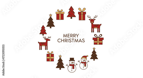 Spread holiday cheer with a festive Christmas design featuring trees, snowmen, reindeer and presents for your seasonal promotions and heartfelt greetings