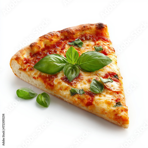 Slice of Margherita Pizza with Fresh Basil on White Background