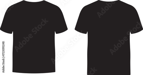 Illustration of two black tshirts, front and back view, isolated on white background