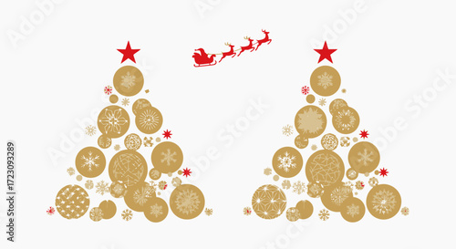 Festive Christmas cheer with golden snowflake trees and Santa's sleigh soaring through the sky, perfect for holiday greetings and seasonal designs