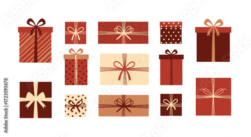 Charming array of gift boxes with ribbons evokes festive joy, perfect for holiday promotions and seasonal marketing campaigns, offering warmth and celebration