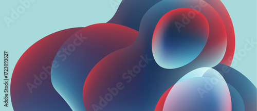 Abstract fluid shapes overlap, creating vibrant red, blue gradients. Soft lighting suggests smooth surfaces, modern design.
