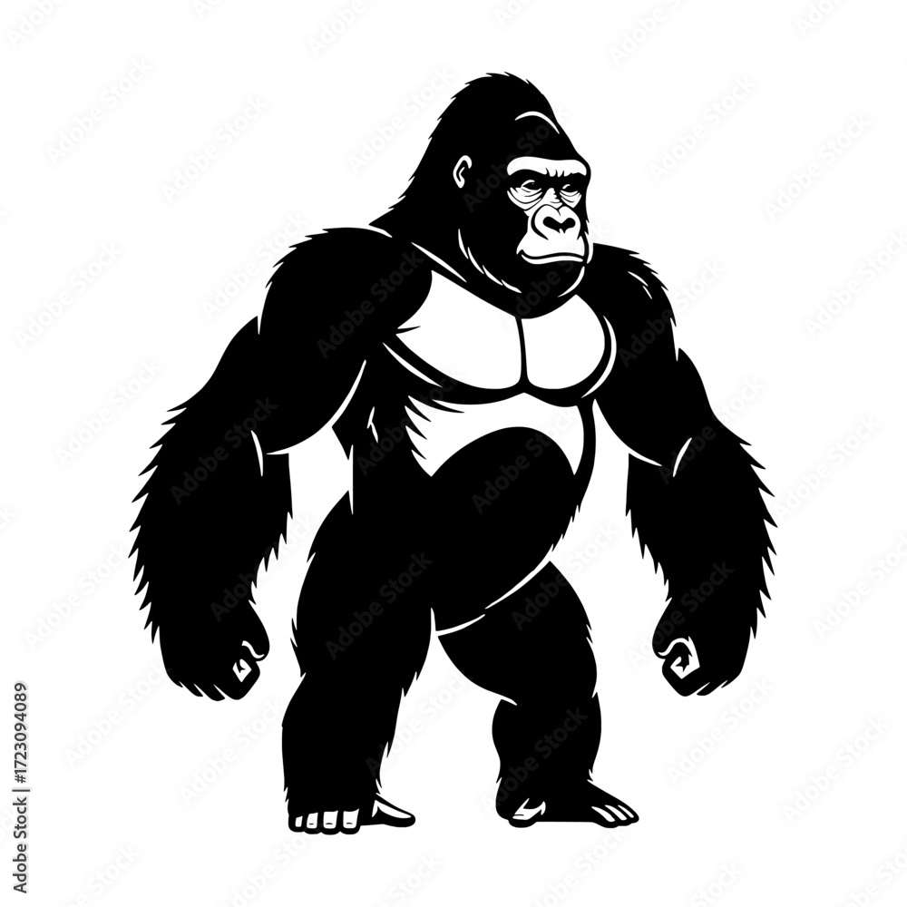 Fototapeta premium Powerful black gorilla standing muscularly in a bold silhouette isolated on white background