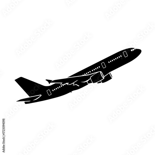 Silhouette of a modern passenger jet airplane ascending into the sky isolated on white background