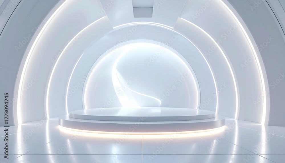 Fototapeta premium Futuristic White Circular Stage with Glowing Neon Lights Architectural 3D Render