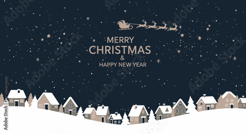 Festive Christmas cheer with Santa's sleigh flying over snowy village, perfect for holiday greetings and seasonal promotions, spreading joy