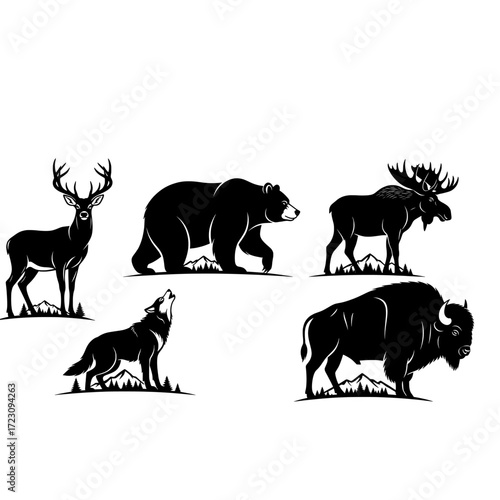 Collection of north american wildlife silhouettes including deer bear wolf moose and bison isolated on white background