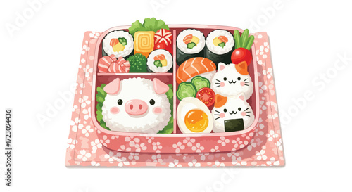 Delicious bento box with cute pig and cat shaped rice balls and fresh sushi, a creative way to enjoy healthy lunch, perfect for kids and foodies