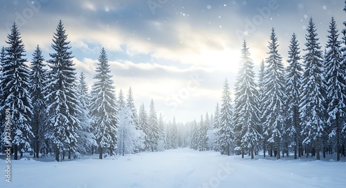 Snow covered pine forest pathway winter pine trees