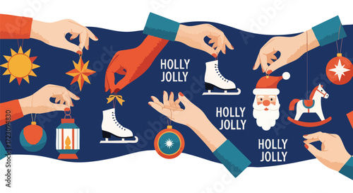 Festive hands hang charming Christmas ornaments like Santa, skates, and stars, spreading holiday cheer and creating magical winter scenes