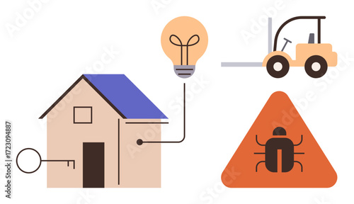 House with key and light bulb representing security and innovation, forklift hinting construction, and bug in caution triangle for pest control. Ideal for safety, innovation, construction