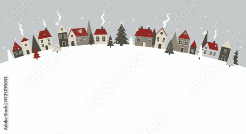 Charming winter village scene with snow-covered houses and Christmas tree, perfect for holiday cards and seasonal greetings, cozy winter aesthetic