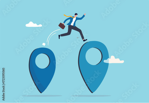 Business relocation, move office to new address or transfer to new location concept, businessman company owner jumping from map navigation pin to new one metaphor of relocation