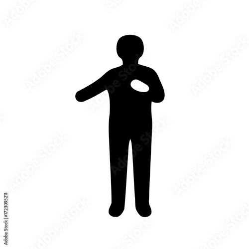 Silhouette of a human figure presenting something with a raised hand