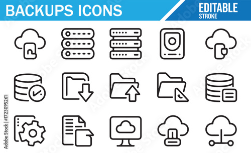 Cloud Backup Line Icons – Servers, Upload, Restore – Editable Stroke