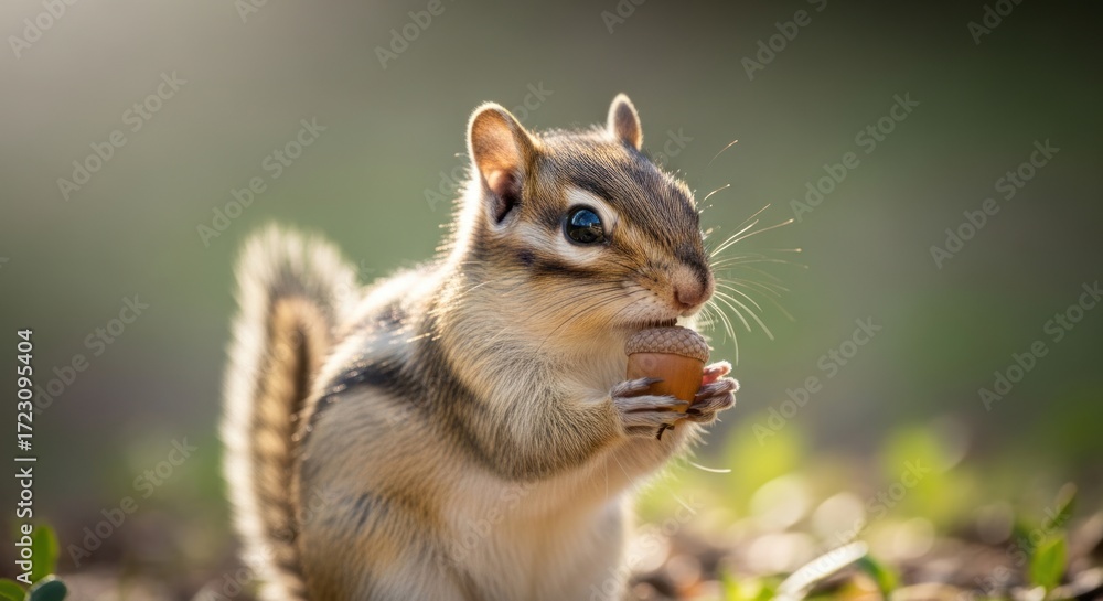 Fototapeta premium Close-up of a chipmunk eating a nut in a forest setting.