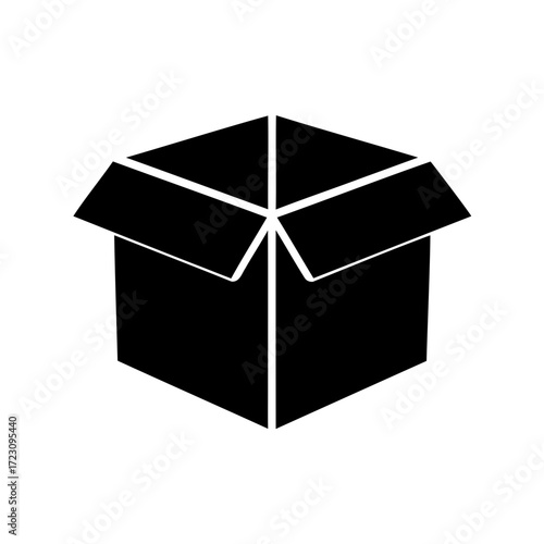 Black silhouette illustration of a cardboard box, opened on top and ready to use