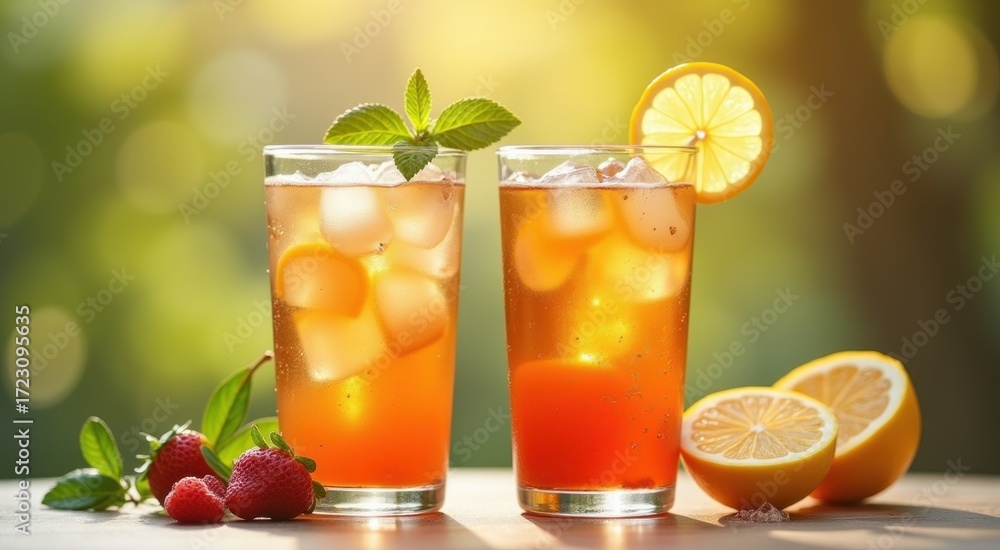 Fototapeta premium Cold iced tea glasses with garnish