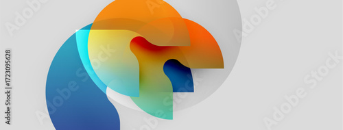 Abstract colorful shapes overlap, creating fluid forms. Gradient hues blend, suggesting movement, energy, dynamism. Light background enhances visual impact.