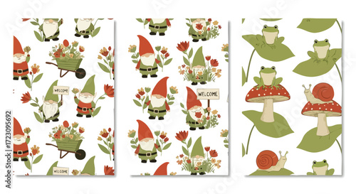 Whimsical gnomes and friendly frogs bring garden delight to charming seamless patterns perfect for kids' decor and spring projects.