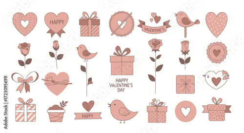 Delightful Valentine's Day icons with hearts, roses, gifts and birds, perfect for crafting personalized cards and spreading love this season