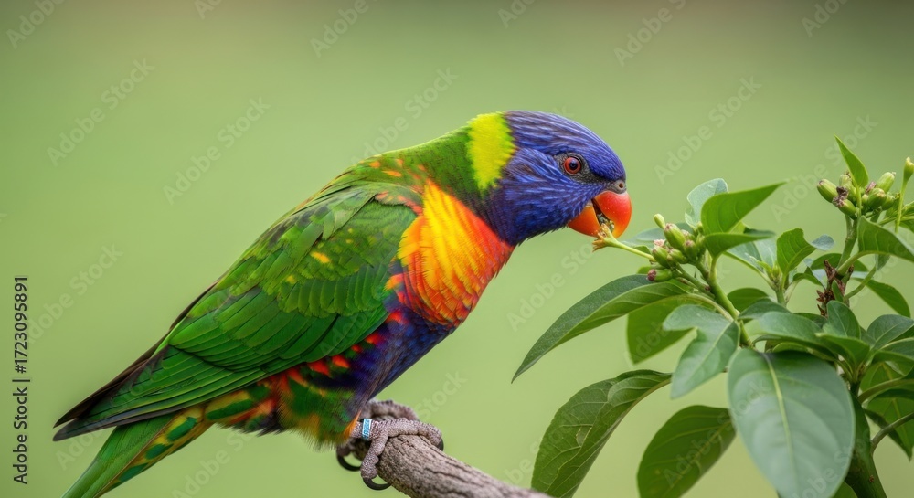 Naklejka premium Colorful Lorikeet Perched on Branch Eating, Close-up View.