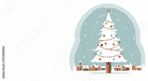 Charming winter village scene with decorated Christmas tree and falling snow creates a cozy holiday feeling for greeting cards and seasonal designs