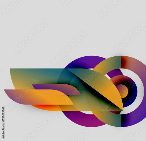 Abstract design features overlapping colorful shapes. Curves, lines create dynamic composition on gray background. Modern, vibrant.